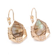 Natural Labradorite Leverback Earrings, with Golden Plated Brass Findings and Clear Cubic Zirconia, Faceted, Teardrop, 32mm, Pin: 0.9mm, Pendants: 20x16.5x5mm(EJEW-I247-01D)