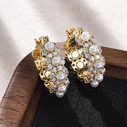 Flower Brass ABS Imitation Pearl Hoop Earrings, Lead Free & Cadmium Free, Long-Lasting Plated, Rack Plating, Real 18K Gold Plated, 25x7mm(EJEW-R016-22G)