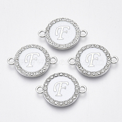 Alloy Enamel Links Connectors, with Crystal Rhinestones, Flat Round with Letter, Silver Color Plated, Letter.F, 22x16x2mm, Hole: 1.8mm(ENAM-TAC0003-01S-04F)