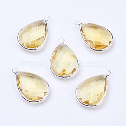 Silver Color Plated Brass Glass Teardrop Pendants, Faceted, Champagne Yellow, 18x10x5mm, Hole: 2mm(GLAA-M006-A-18S)