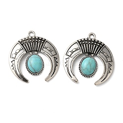 Tibetan Style Alloy Pave Imitation Turquoise Pendants, Horn with Oval Charms, Antique Silver, 29x27x5mm, Hole: 2mm(FIND-NH0001-05AS)