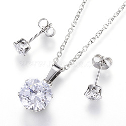 304 Stainless Steel Jewelry Sets, Pendant Necklaces and Stud Earrings, with Cubic Zirconia, Flat Round, Stainless Steel Color, 17.7 inch(45cm), 5mm, Pin: 0.8mm(X-SJEW-H054-05)