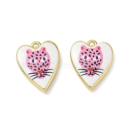 Printed Brass Pendants, Heart with Leopard Charms, Cadmium Free & Lead Free, Golden, Hot Pink, 19x15x4mm, Hole: 1.8mm(KK-CBA84C5-13G-02)