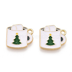 Christmas Theme Rack Plating Alloy Enamel Charms, with Glitter Powder, Light Gold Tone Cup with Christmas Tree Pattern, Seashell Color, 14.5x14.5x1.5mm, Hole: 1.7mm(PALLOY-O109-29LG)