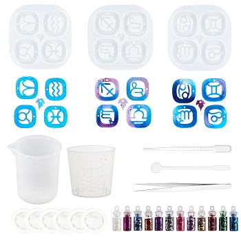 Twelve Constellations Silicone Molds Kits, with Resin Casting Molds, Laser Shining Nail Art Glitter, Measuring Cup, Transparent Plastic Round Stirring Rod, Disposable Latex Finger Cots, Mixed Color, 91x95mm