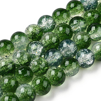 Transparent Crackle Baking Painted Glass Beads Strands, Imitation Opalite, Round, Green, 6x5mm, Hole: 1.2mm, about 147pcs/strand, 31.10 inch(79cm)