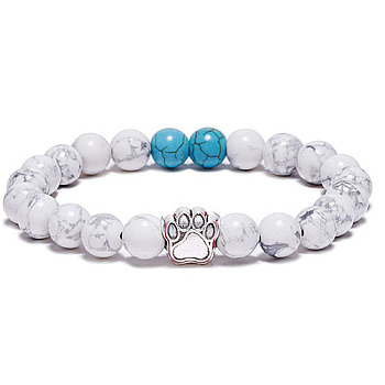 Howlite and Synthetic Turquoise Bead Stretch Bracelets for Women Men, Heart & Paw Print, 7-1/8 inch(18cm)