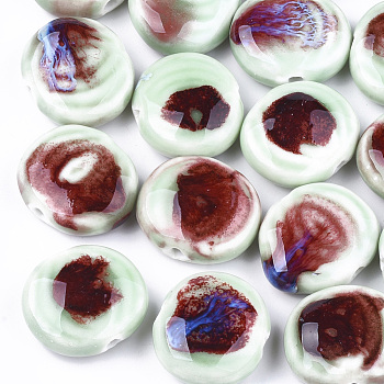 Handmade Porcelain Beads, Fancy Antique Glazed Porcelain, Flat Round, Medium Aquamarine, 23~24x24~27x9~10mm, Hole: 3mm
