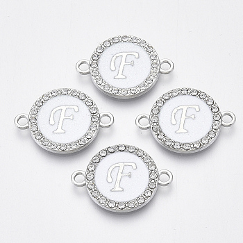 Alloy Enamel Links Connectors, with Crystal Rhinestones, Flat Round with Letter, Silver Color Plated, Letter.F, 22x16x2mm, Hole: 1.8mm