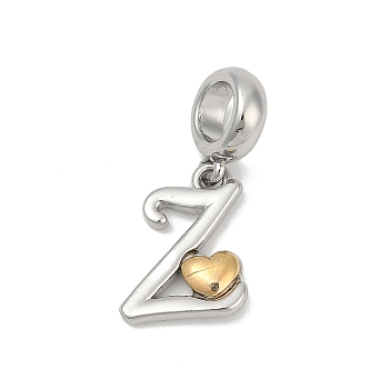 Brass European Dangle Charms, Heart Letter Large Hole Pendants, Platinum & Golden, Letter Z, 25.5~30.5mm, Hole: 6mm