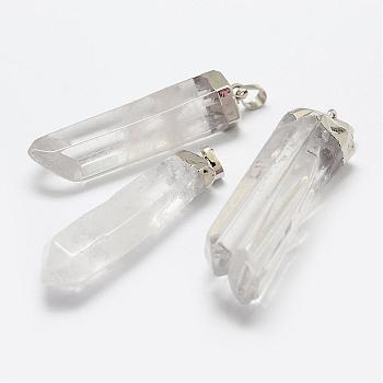 Natural Quartz Crystal Pointed Pendants, with Brass Findings, Faceted, Polishing, Bullet, Silver Color Plated, 57~63x15~17x11.5~15mm, Hole: 5x8mm