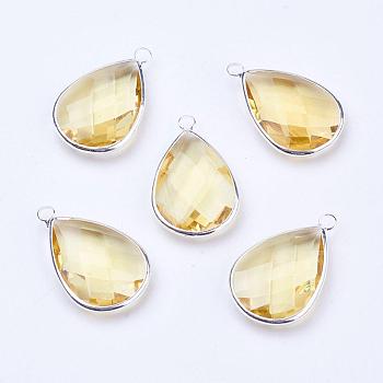Silver Color Plated Brass Glass Teardrop Pendants, Faceted, Champagne Yellow, 18x10x5mm, Hole: 2mm