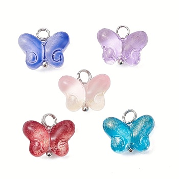 Transparent Baking Paint Glass Pendant, with Brass Loops, Platinum, Butterfly, Mixed Color, 12x14.5x5.5mm, Hole: 3mm