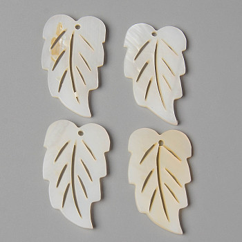 Natural Freshwater Shell Pendants, Leaf, Creamy White, 30x18x2mm, Hole: 1.5mm