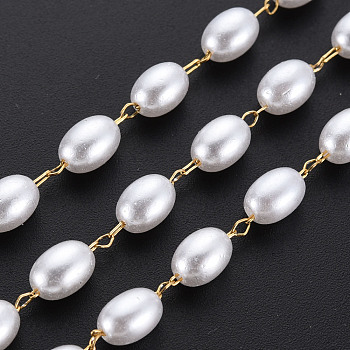 304 Stainless Steel & ABS Plastic Imitation Pearl Beaded Chains, Soldered, with Spool, Oval, Real 16K Gold Plated, 6.5x4.5mm, about 65.62 Feet(20m)/Roll