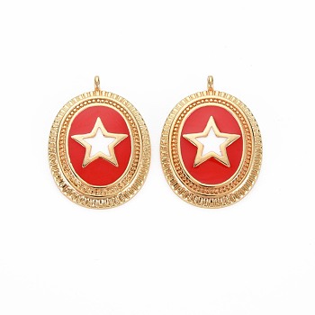 Brass Pendants, with Enamel, Real 18K Gold Plated, Oval with Star Charm, Crimson, 23x17x3mm, Hole: 1.4mm