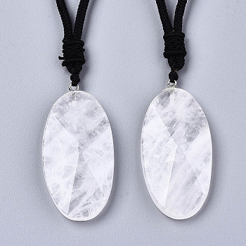 Natural Quartz Crystal Pendant Necklaces, with Random Color Polyester Cords, Faceted, Oval, 26~29.9 inch(66~76cm)