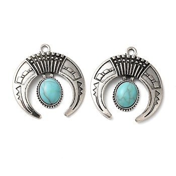 Tibetan Style Alloy Pave Imitation Turquoise Pendants, Horn with Oval Charms, Antique Silver, 29x27x5mm, Hole: 2mm