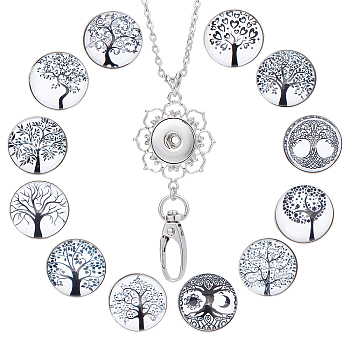 DIY Half Round Pendant Necklace Making Kits, Including Brass & Glass Snap Buttons, Alloy Snap Pendant Making, 304 Stainless Steel Cable Chains Necklaces, Tree of Life Pattern, 14Pcs/box