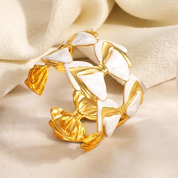 304 Stainless Steel Enamel Cuff Bangles for Women, Bowknot, Golden, Inner Diameter: 1.97 inch(5cm)