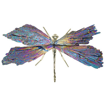 Electroplate Natural Tourmaline Insect Dragonfly Figurine, with Alloy Findings, for Desktop Ornament, Colorful, 110~140mm