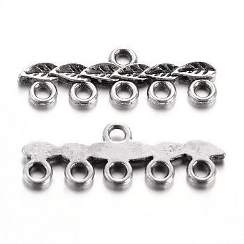 Tibetan Style Alloy Chandelier Components Links, 5-Strand Reducer Connector, Cadmium Free & Lead Free, Leaf, Antique Silver, 10x26x2mm, Hole: 2mm