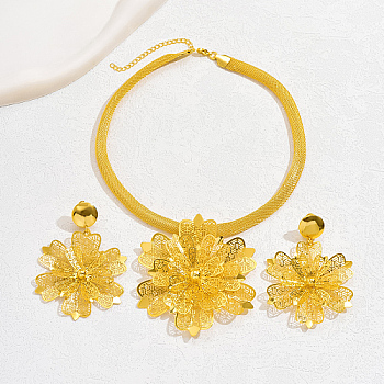 Iron Filigree Flower Jewelry Set, Pendant Necklaces & Dangle Stud Earrings, Real 18K Gold Plated, 410mm, 80x60mm