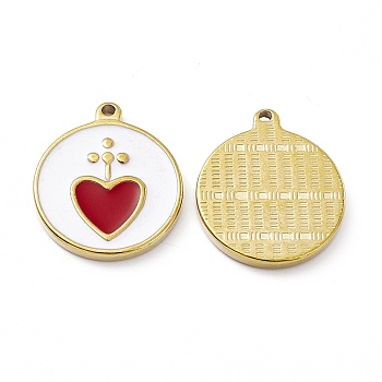 Vacuum Plating 201 Stainless Steel Pendants, with Enamel, Real 18K Gold Plated, Flat Round with Heart Charm, Crimson, 23.5x20x2.7mm, Hole: 1.7mm