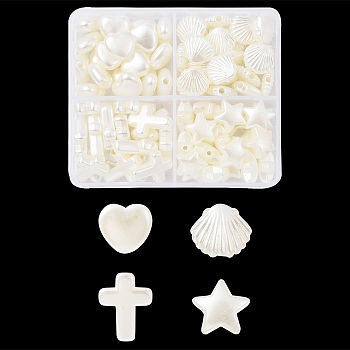 ABS Plastic Imitation Pearl Beads, Cross & Star & Shell/Scallop & Heart, WhiteSmoke, 10~15.5x11~12x4~6mm, Hole: 1.5~2mm 
