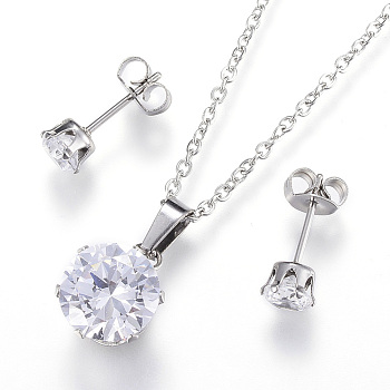 304 Stainless Steel Jewelry Sets, Pendant Necklaces and Stud Earrings, with Cubic Zirconia, Flat Round, Stainless Steel Color, 17.7 inch(45cm), 5mm, Pin: 0.8mm
