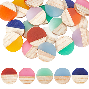 Olycraf 20Pcs 10 Colors Resin & Wood Cabochons, Flat Round, Two Tone, Mixed Color, 15x3.5mm