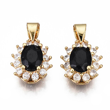 Brass Micro Pave Cubic Zirconia Charms, with Brass Snap on Bails, Oval, Real 18K Gold Plated, Nickel Free, Black, 14x11.5x7mm, Hole: 5x3.5mm