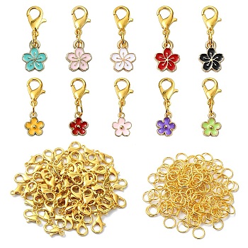 DIY Flower Pendant Decoration Kits, Including Alloy Enamel Charms, Zinc Alloy Lobster Claw Clasps and Iron Open Jump Rings, Mixed Color, 12x9x1.5mm, Hole: 1.6mm, 5 colors, 10pcs/color, 50pcs