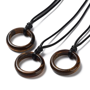 Natural Tiger Eye Ring Pendant Necklace with Waxed Cords, 29.53~29.92 inch(75~76cm), Pendant: 26x6mm