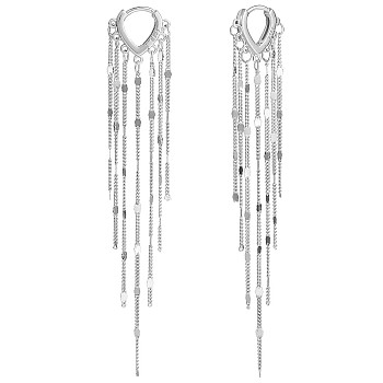 Rhodium Plated 925 Sterling Silver Chain Tassel Dangle Hoop Earrings, Long Tassel Drop Earrings for Women, Platinum, 88x14.7mm, Pin: 1.1mm
