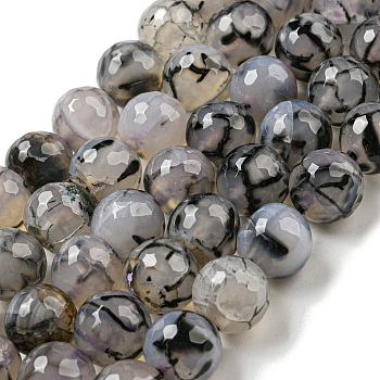 Faceted Natural Dragon Veins Agate Beads Strands, Round, Dyed & Heated, Gray, 12mm, Hole: 1.6mm, about 31pcs/strand, 14.76''(37.5cm)