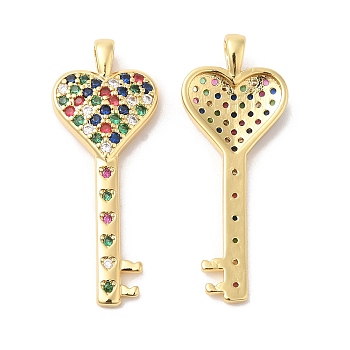 Brass Micro Pave Cubic Zirconia Pendants, Heart Key, Real 16K Gold Plated, 35x13.5x4.5mm, Hole: 3.5x2.5mm