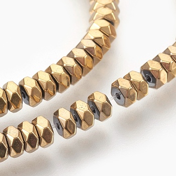 Electroplated Non-magnetic Synthetic Hematite Bead Strand, Heishi Beads, Flat Round/Disc, Faceted, Golden Plated, 4x2mm, Hole: 0.7mm, about 186pcs/strand, 15.55 inch(39.5cm)