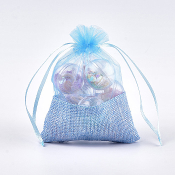 Organza Bags, with Burlap Cloth, Drawstring Bags, Rectangle, Cornflower Blue, 13.2~14.2x9.6~10.2cm