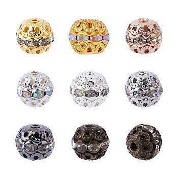 Cheriswelry 80Pcs 8 Colors Alloy Rhinestone Beads, Hollow, Crystal and Crystal AB, Round, Mixed Color, 10x9mm, Hole: 1.2mm, 10pcs/color