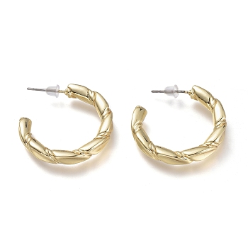 Brass Stud Earrings, Half Hoop Earrings, with 304 Stainless Steel Pins and Plastic Ear Nuts, Twist Ring, Real 18K Gold Plated, 29x27x4mm, Pin: 0.7mm