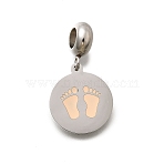 Jewelry 304 Stainless Steel European Dangle Charms, with Enamel, Large Hole Pendants, Flat Round with Baby Feet, Stainless Steel Color, Pink, 25mm, Hole: 4.5mm, Pendant: 16x14x1.3mm(OPDL-L013-40B)