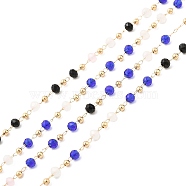 Faceted Rondelle Glass & Round 304 Stainless Steel Beaded Chains, with Light Gold 316 Surgical Stainless Steel Findings, Soldered, Blue, 3x2.5mm, 4x2.5x0.5mm(CHS-G026-01KCG-02)