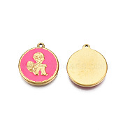 304 Stainless Steel Enamel Pendants, Real 18K Gold Plated, Flat Round with Angel, Hot Pink, 19.5x17x2.5mm, Hole: 1.4mm(STAS-N092-149B)