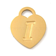 Ion Plating(IP) 304 Stainless Steel Pendants, Laser Cut, Heart with Letter Charm, Golden, Letter I, 15x12x1mm, Hole: 3x3.5mm(FIND-M017-01G-I)