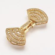 Brass Micro Pave Cubic Zirconia Fold Over Clasps, Fan, Golden, 37x19x5mm, Hole: 2mm(ZIRC-F047-17G)