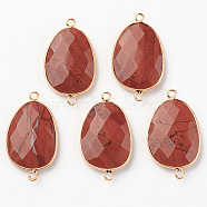 Natural Red Jasper Links, with Light Gold Plated Edge Brass Loops, Oval, Faceted, 38x22.5x6mm, Hole: 2mm(G-R464-003A)