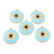 Real 18K Gold Plated Brass Micro Pave Cubic Zirconia Pendants, with Jump Ring and Enamel, Long-Lasting Plated, Flat Round with 
Evil Eye, Light Blue, 33x30x4mm, Jump Ring: 5x1mm, 3mm Inner Diameter(ZIRC-L100-084G-01)