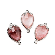 Cherry Quartz Glass Faceted Teardrop Connector Charms, Brass Strawberry Links, Platinum, 20x11.5x5mm, Hole: 1.2mm(G-B081-03P-02)