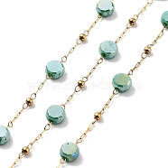 304 Stainless Steel Handmade Beaded Chain, with Electroplated Glass, with Spool, Soldered, Real 18K Gold Plated, Flat Round, Dark Cyan, 5.5x5.5x3.5mm, about 16.40 Feet(5m)/Roll(CHS-K019-03G-06)